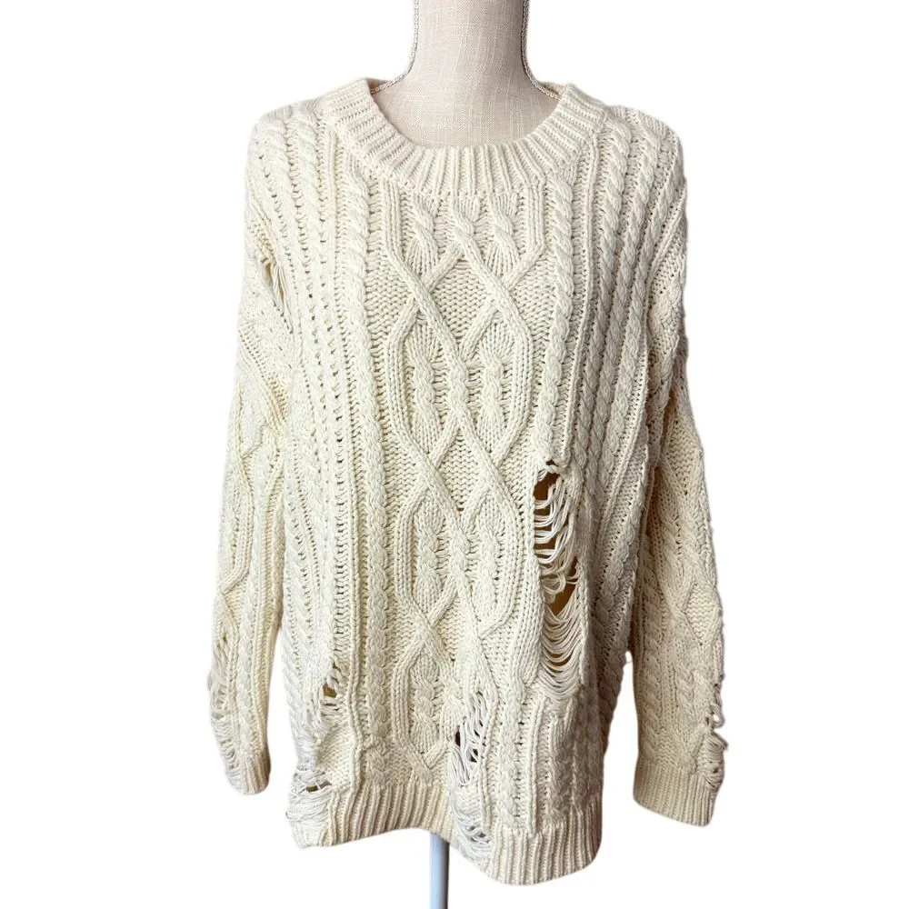 Revolve JOA Distressed Cable Knit Sweater Womens S Cream Oversized Pullover Edgy